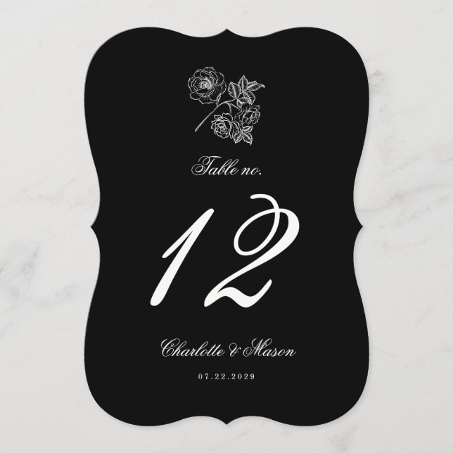 Tarjeta de número de mesa con corte de flor negra  (Anverso)