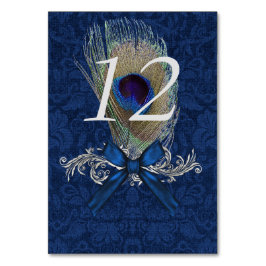 Tarjeta de número de mesa con damasco azul y pluma