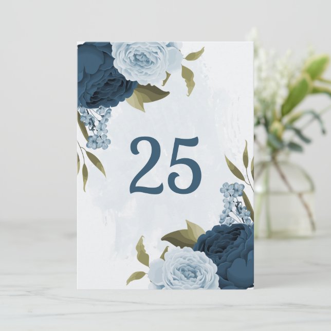 tarjeta de número de mesa con flores azules marino (Anverso de pie)
