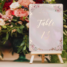 Tarjeta de número de mesa con foil de peonía rosad