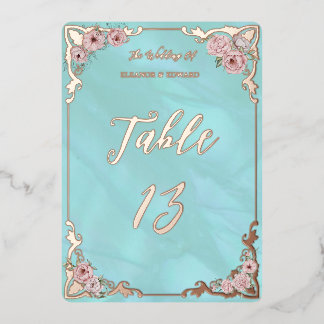 Tarjeta de número de mesa con lámina de peonía azu
