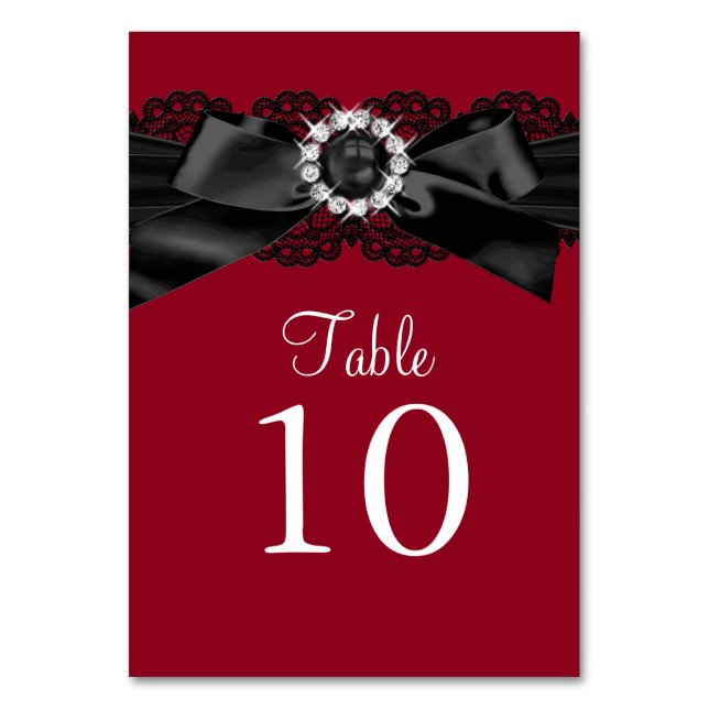 Tarjeta de número de mesa con lazo de perla roja y (Anverso)