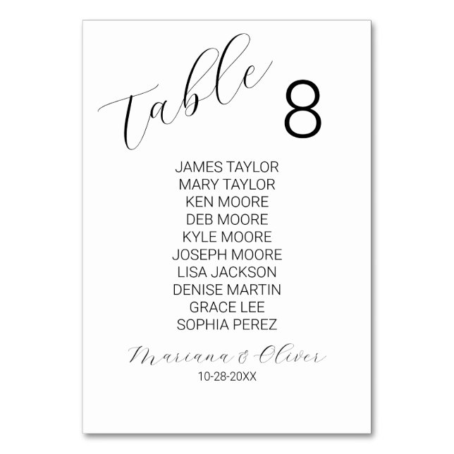 Tarjeta de número de mesa con nombres (Anverso)