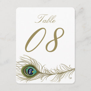 Tarjeta de número de mesa con pluma de pavo real c
