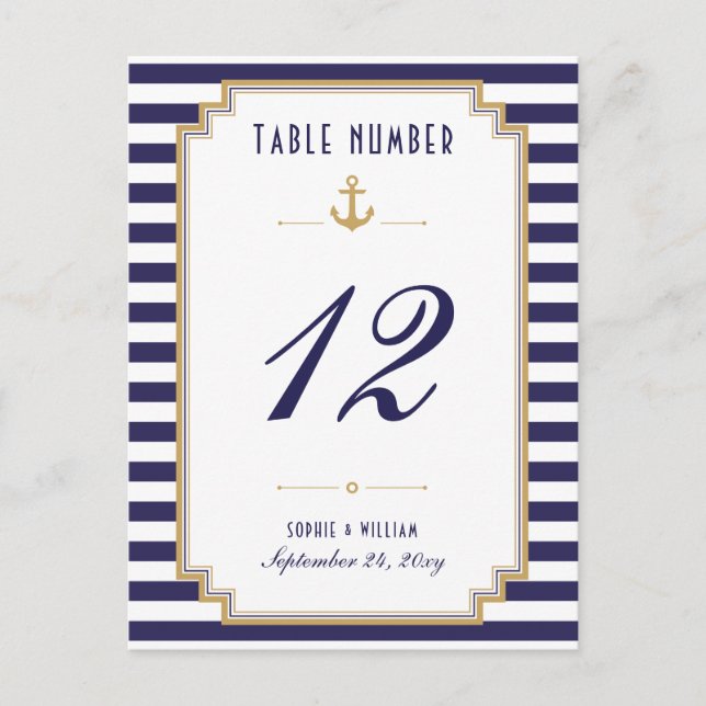 Tarjeta de número de mesa con rayas blancas y azul (Anverso)