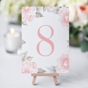Tarjeta de número de mesa con rosa de acuarela ros