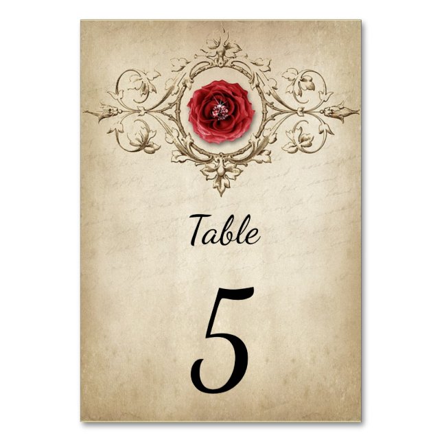 Tarjeta de número de mesa con rosa roja antigua vi (Anverso)