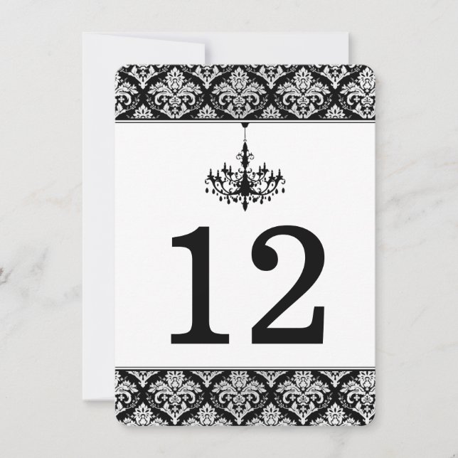Tarjeta de número de mesa Damask negro, plateado y (Anverso)