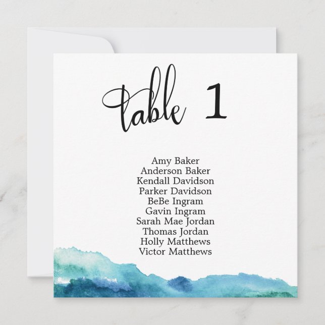 Tarjeta de número de mesa de acuarela azul verde a (Anverso)