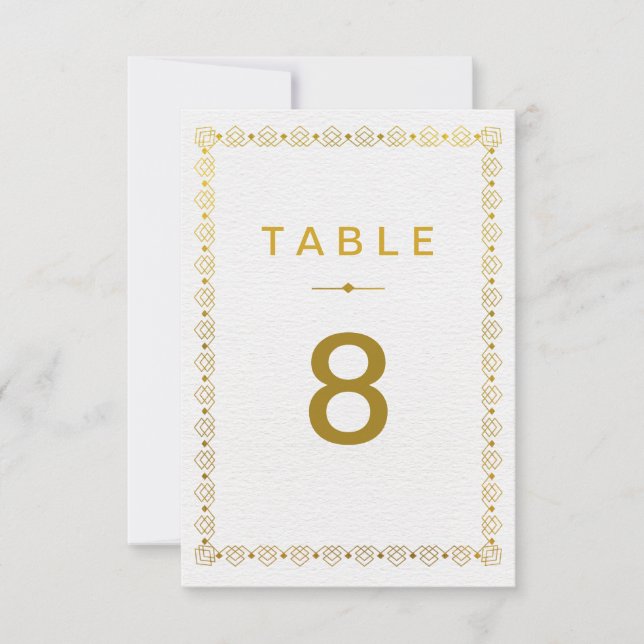 Tarjeta de número de mesa de boda Art Deco dorada (Anverso)