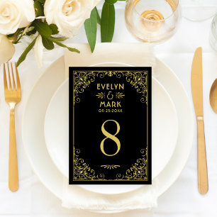 Tarjeta de número de mesa de boda Art Deco negro o