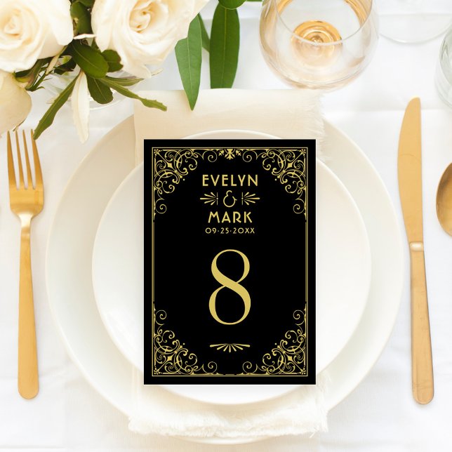 Tarjeta de número de mesa de boda Art Deco negro o (Subido por el creador)