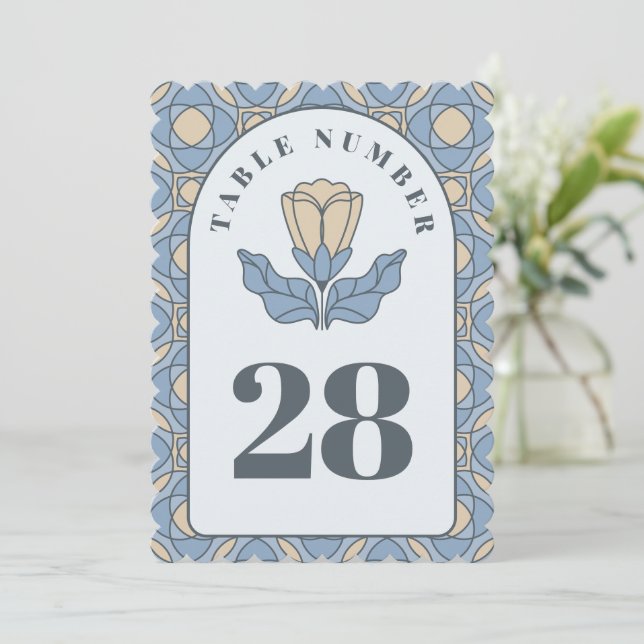 Tarjeta de número de mesa de boda Art Nouveau azul (Anverso de pie)