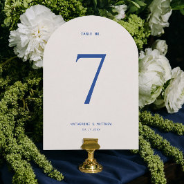 Tarjeta de número de mesa de boda blanca y azul