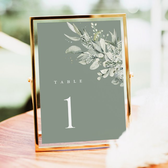 Tarjeta de número de mesa de boda botánica verde s (Sage green botanical wedding table number card, elegant greenery design, modern reception decor)