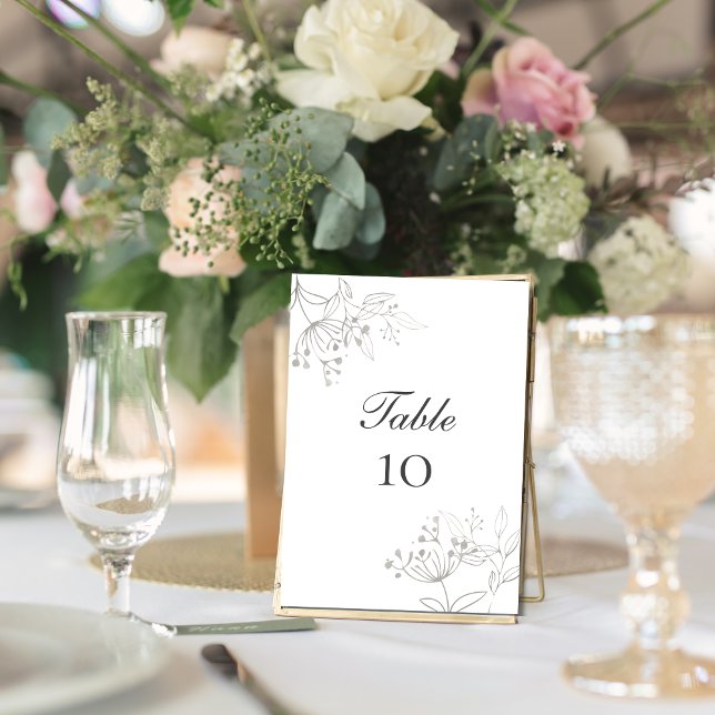 Tarjeta de número de mesa de boda botánico de hoja (Silver Gray leaves botanical wedding table number cards. Elegant Classic and Simple)