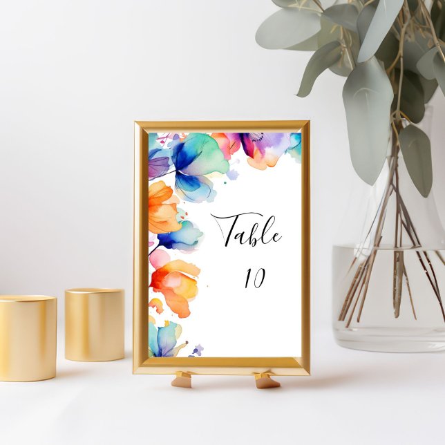 Tarjeta de número de mesa de boda con acuarela flo (Bright Floral Watercolor Purple Orange Blue Flowers Wedding Table number card)