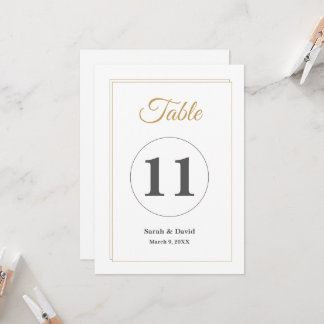Tarjeta de número de mesa de boda con borde de oro