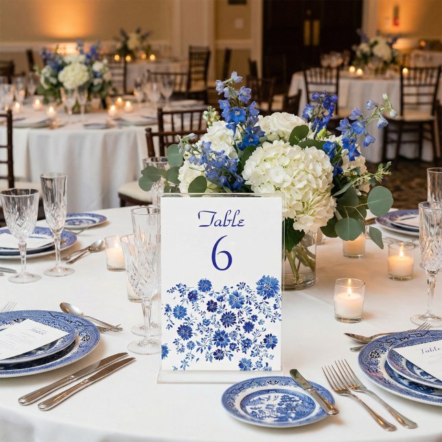 Tarjeta de número de mesa de boda con borde floral (Blue Floral Border Wedding Table Number Card)