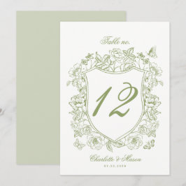 Tarjeta de número de mesa de boda con cresta verde