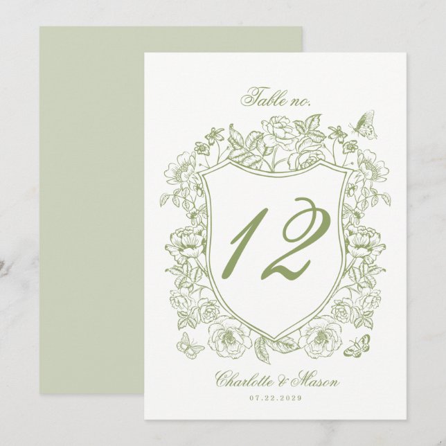 Tarjeta de número de mesa de boda con cresta verde (Anverso / Reverso)