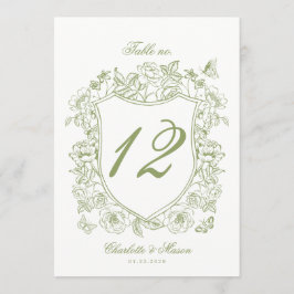 Tarjeta de número de mesa de boda con cresta verde