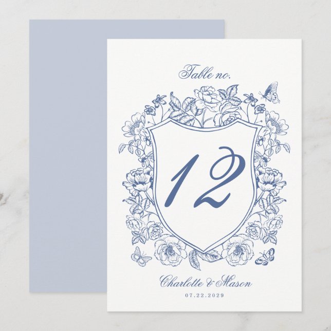 Tarjeta de número de mesa de boda con cresta vinta (Anverso / Reverso)