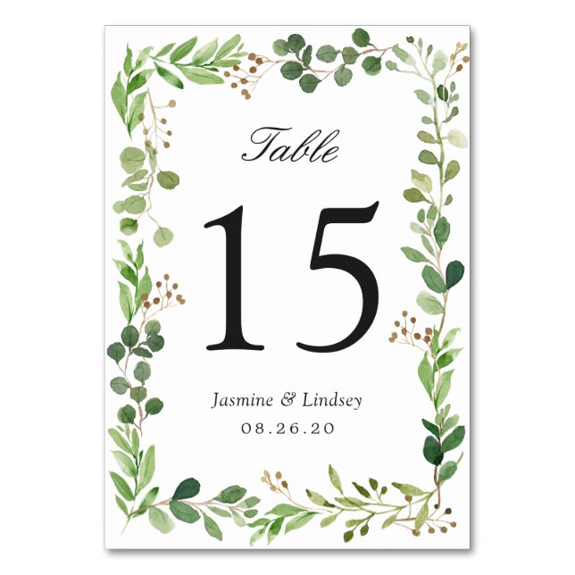 Tarjeta de número de mesa de boda con follaje verd (Anverso)