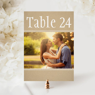 Tarjeta de número de mesa de boda con foto rústica