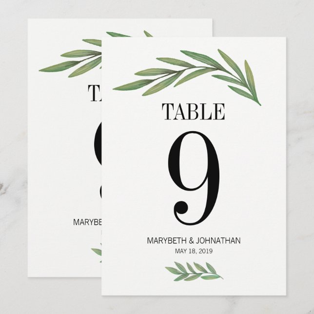 Tarjeta de número de mesa de boda con hoja de verd (Anverso / Reverso)
