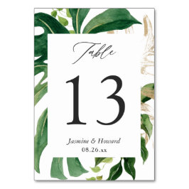 Tarjeta de número de mesa de boda con hojas de pal