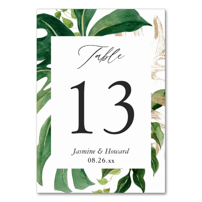 Tarjeta de número de mesa de boda con hojas de pal (Anverso)