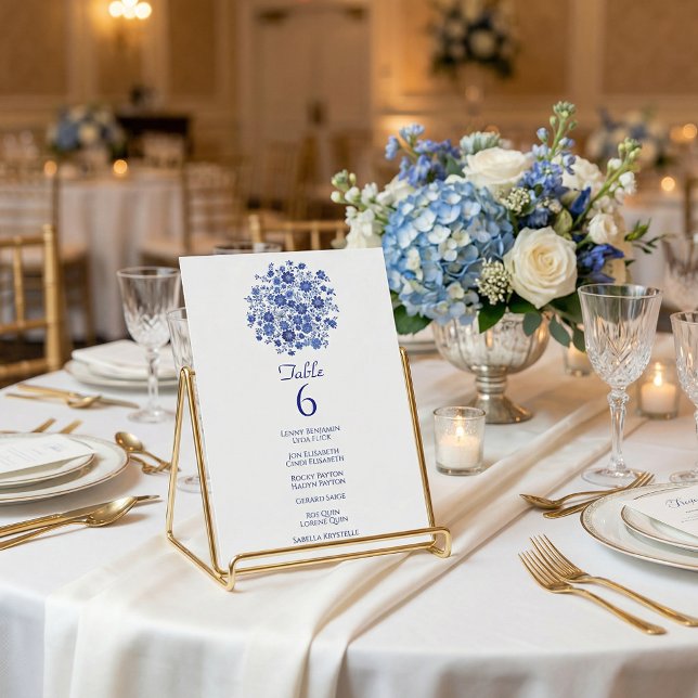 Tarjeta de número de mesa de boda con nombres de i (Blue Floral Wedding Table Number Card Guest Names.)