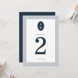 Tarjeta de número de mesa de boda con raya náutica