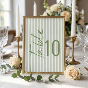Tarjeta de número de mesa de boda con rayas verde