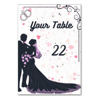 Tarjeta de número de mesa de boda con silueta negr