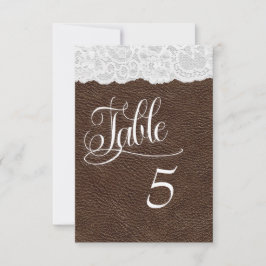 Tarjeta de número de mesa de boda de cuero marrón 