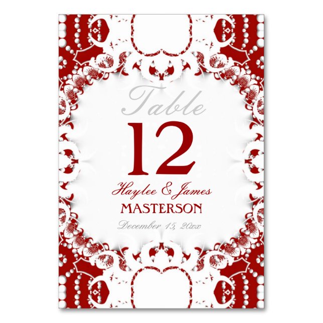 Tarjeta de número de mesa de boda de encaje rojo b (Anverso)