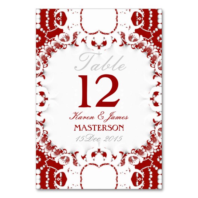 Tarjeta de número de mesa de boda de encaje rojo b (Anverso)