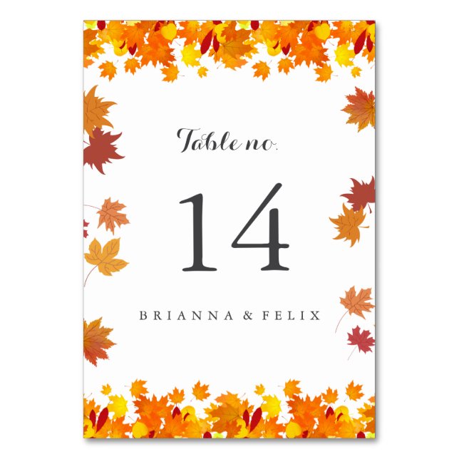 Tarjeta de Número de Mesa de Boda de Hojas de Otoñ (Anverso)