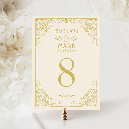 Tarjeta de número de mesa de boda de marfil dorado