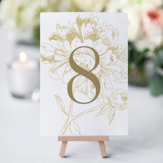 Tarjeta de número de mesa de boda de peonía de oro (Subido por el creador)