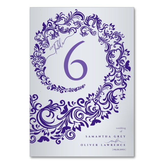 Tarjeta de Número de Mesa de Boda Elegante Púrpura (Anverso)