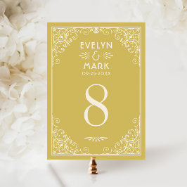 Tarjeta de número de mesa de boda en oro Art Deco