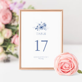 Tarjeta de número de mesa de boda floral azul polv