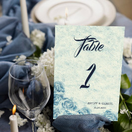 Tarjeta de número de mesa de boda floral azul romá