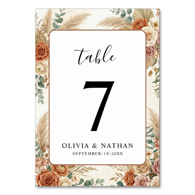 Tarjeta de número de mesa de boda floral boho eleg (Anverso)