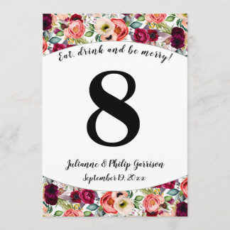 Tarjeta de número de mesa de boda floral de jardín