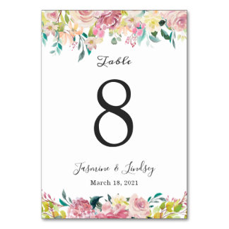 Tarjeta de número de mesa de boda floral pastel