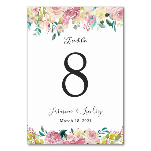Tarjeta de número de mesa de boda floral pastel (Anverso)